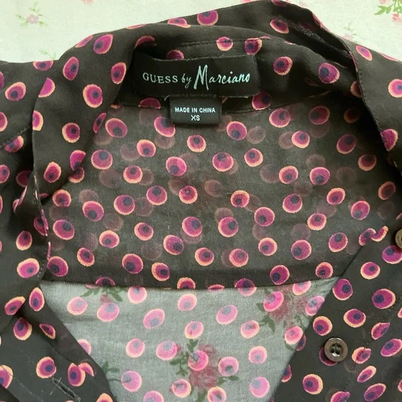 Guess by Marciano black button up purple polka dot sheer silk blouse - Picture 2 of 3